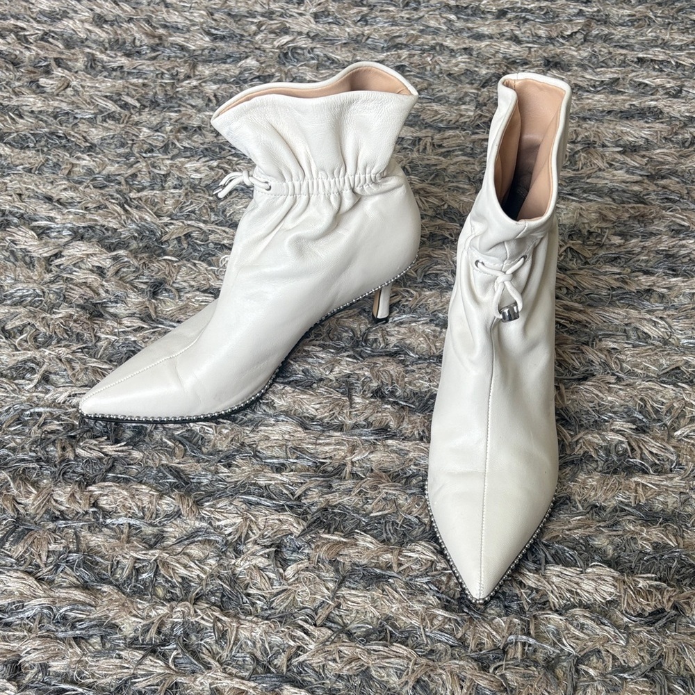 Coach Cream Ruched Pointed-Toe Ankle Booties, Size 6, Silver Hardware